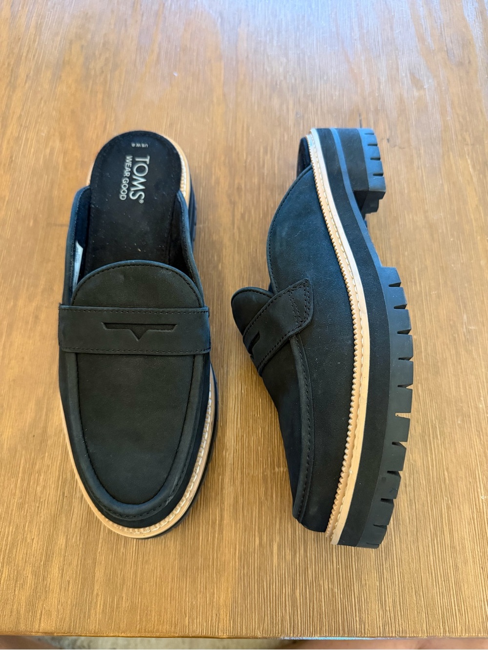 Toms Black Suede Mule Loafers with Tan Trim NWOT - Picture 1 of 4